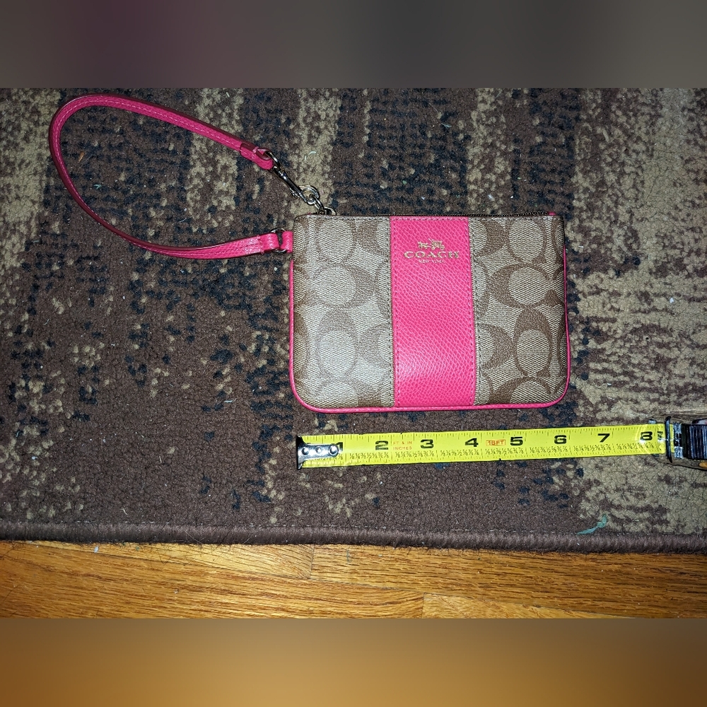 Coach Khaki PINK RUBY Signature Slim Wristlet Leather Trim Zip